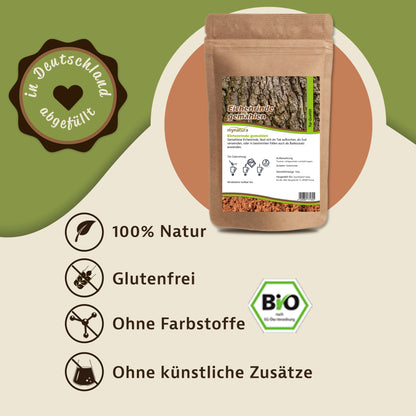 Beutel gemahlene Eichenrinde von mynatura, 100g, auf hellem Hintergrund mit Symbolen für vegan, glutenfrei, ohne Farbstoffe und ohne künstliche Zusätze.