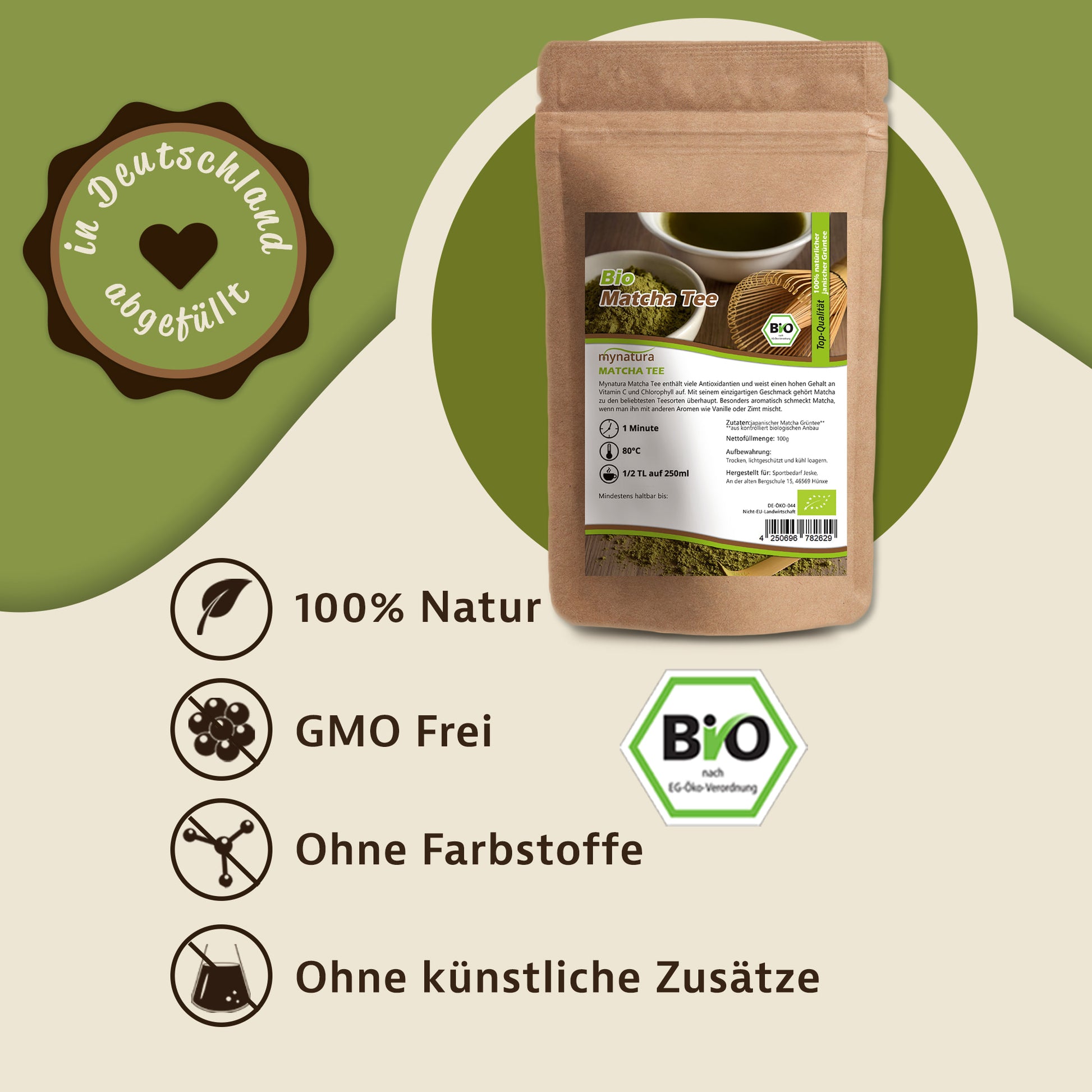 Mynatura Matchapulver Beutel auf grünem Hintergrund, daneben Symbole für 100% Natur, GMO frei, ohne Farbstoffe und ohne künstliche Zusätze.