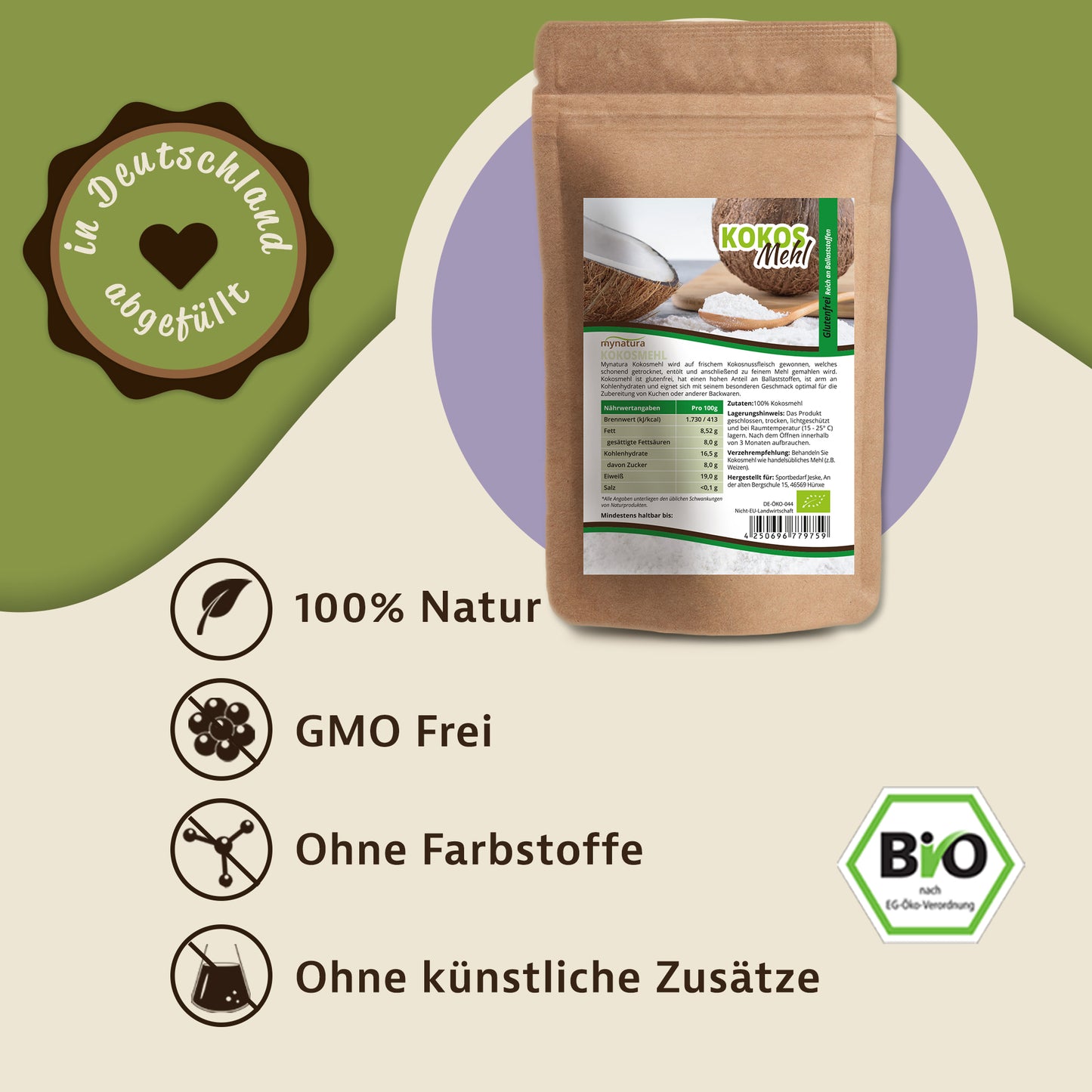 Bio Kokosmehl Beutel von Mynatura auf grün-beigem Hintergrund, daneben Symbole und Hinweise zu natürlichen Zutaten und glutenfreie mehlalternative.