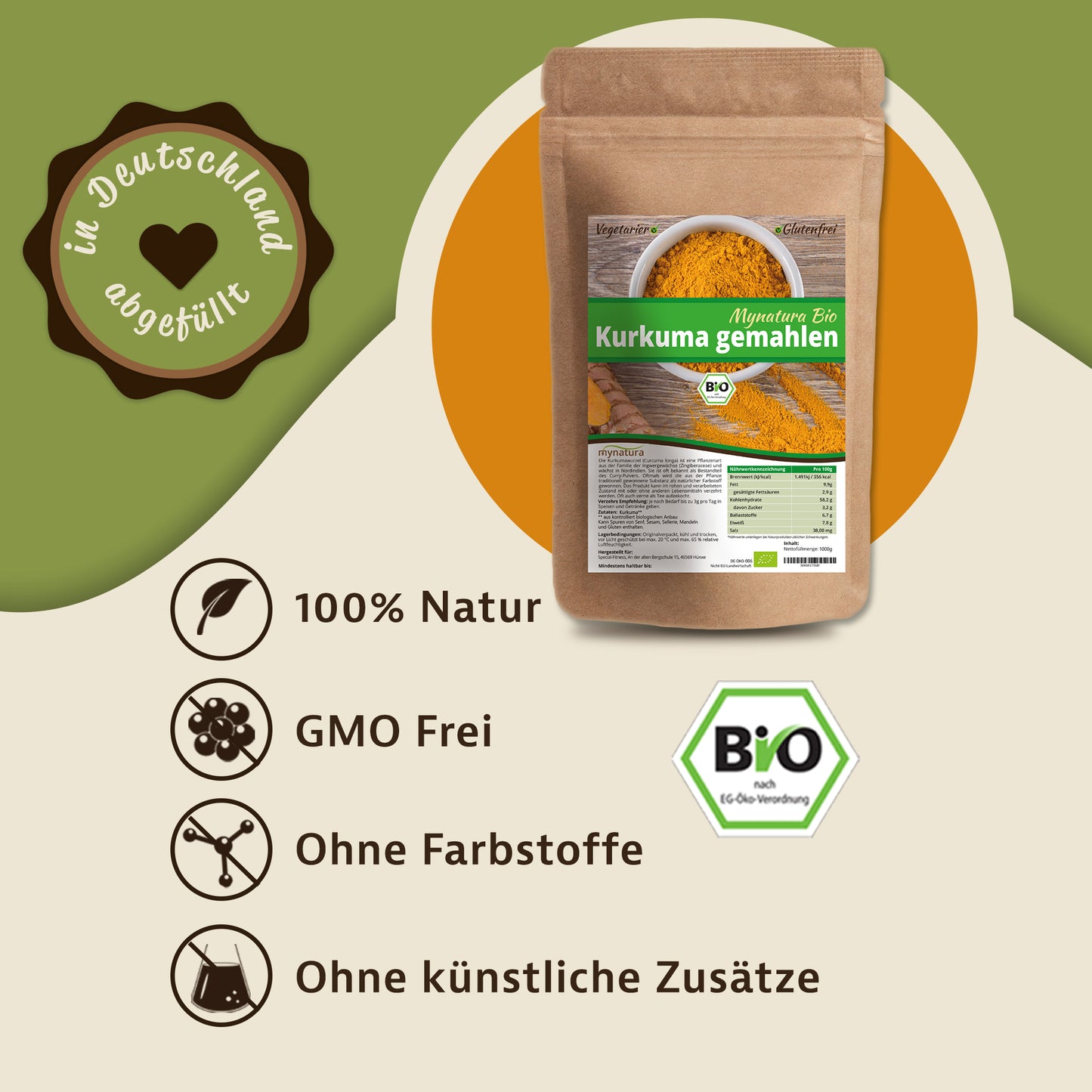 Kurkuma Pulver von Mynatura im braunen Beutel vor grün-orangenem Hintergrund, daneben Symbole und Hinweise zu natürlichen, veganen und zusatzfreien gewürzen.