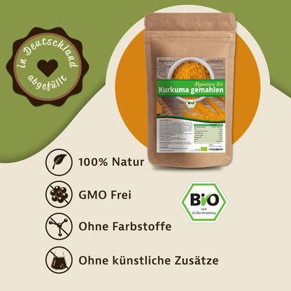 Kurkuma Pulver von Mynatura im braunen Beutel vor grün-orangenem Hintergrund, daneben Symbole und Hinweise zu natürlichen, veganen und zusatzfreien gewürzen.
