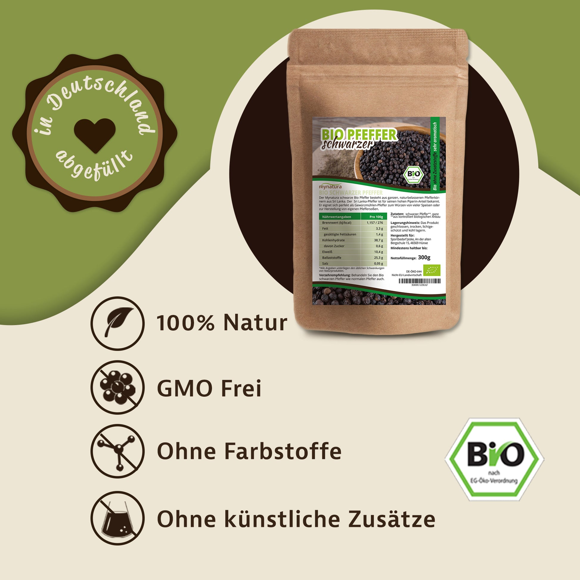 Produktbild von schwarzer Pfeffer ganze Körner 300g mit Siegeln und Icons für 100% Natur, GMO frei, ohne Farbstoffe und ohne künstliche Zusätze