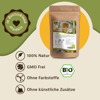 Produktbeutel Bio Löwenzahnwurzel Pulver auf grafischem Hintergrund mit Siegeln für Natur, Bio-Qualität und ohne künstliche Zusätze.