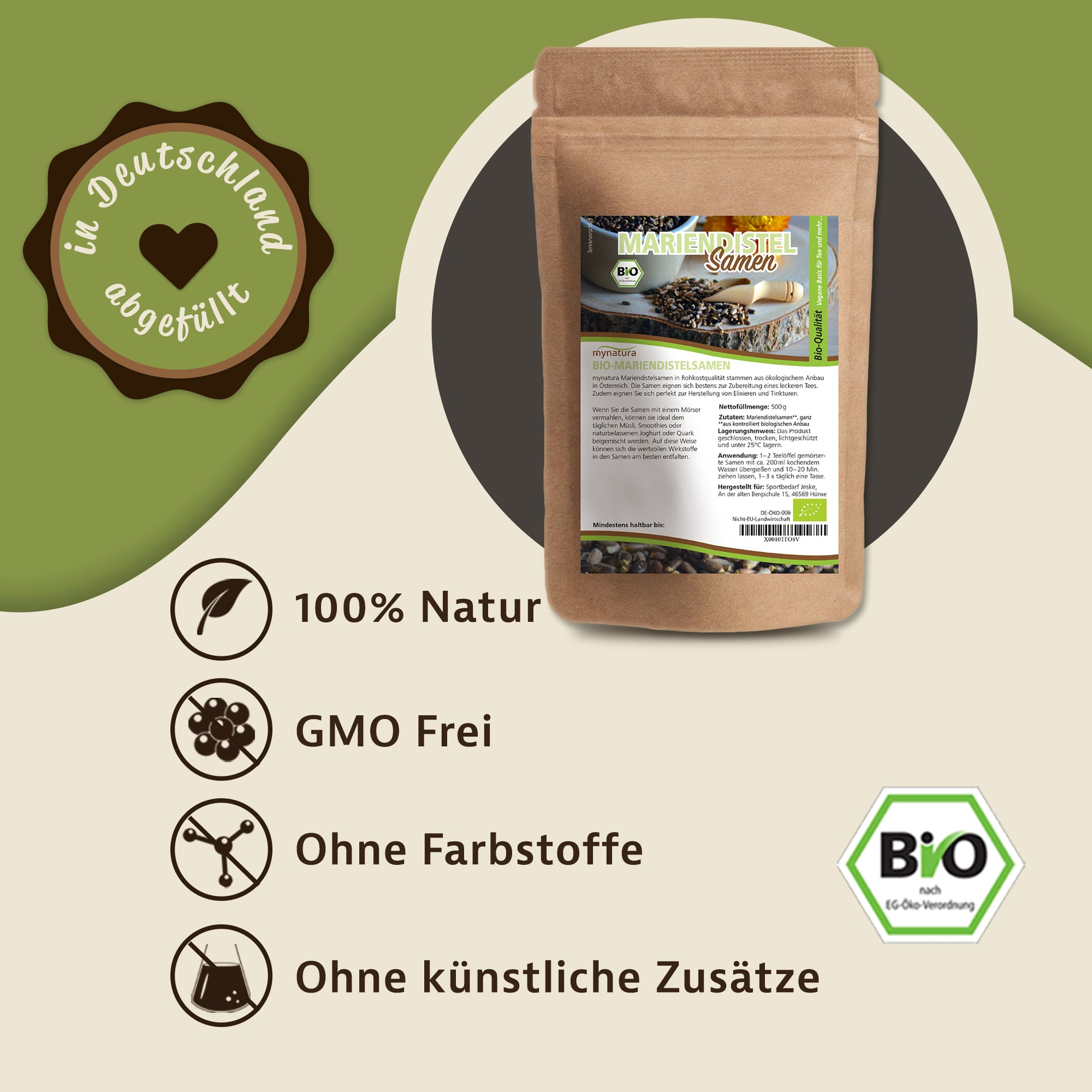 Bio Mariendistelsamen Beutel von mynatura, 500g, abgebildet auf grünem Hintergrund mit Symbolen für naturbelassen, GMO-frei, ohne Farbstoffe und künstliche Zusätze.
