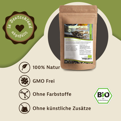 Bio Mariendistelsamen Beutel von mynatura, 500g, abgebildet auf grünem Hintergrund mit Symbolen für naturbelassen, GMO-frei, ohne Farbstoffe und künstliche Zusätze.