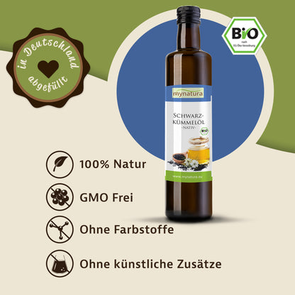 Schwarzkümmelöl in brauner glasflasche, 250ml, auf beigem Hintergrund mit Bio-Siegel und Icons zu natürlichen Eigenschaften.