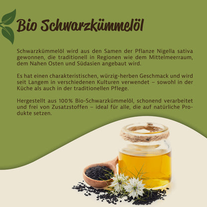 Nahaufnahme eines Glases mit schwarzkümmelöl, daneben Nigella sativa Samen und Blüten auf beigem Hintergrund.