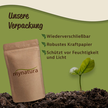Wiederverschließbare Verpackung aus Kraftpapier für hochwertige säfte und Öle, daneben ein Keimling in Erde.