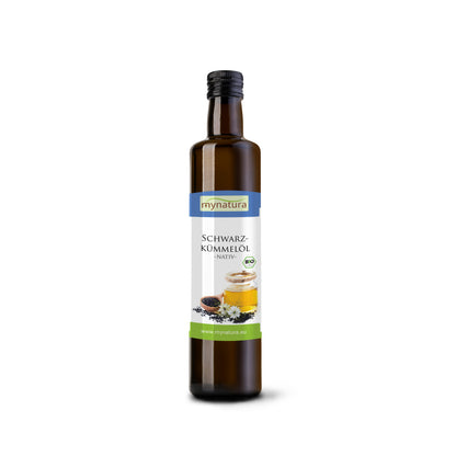 Freigestellte braune glasflasche mit Etikett für schwarzkümmelöl, 250ml, auf weißem Hintergrund.