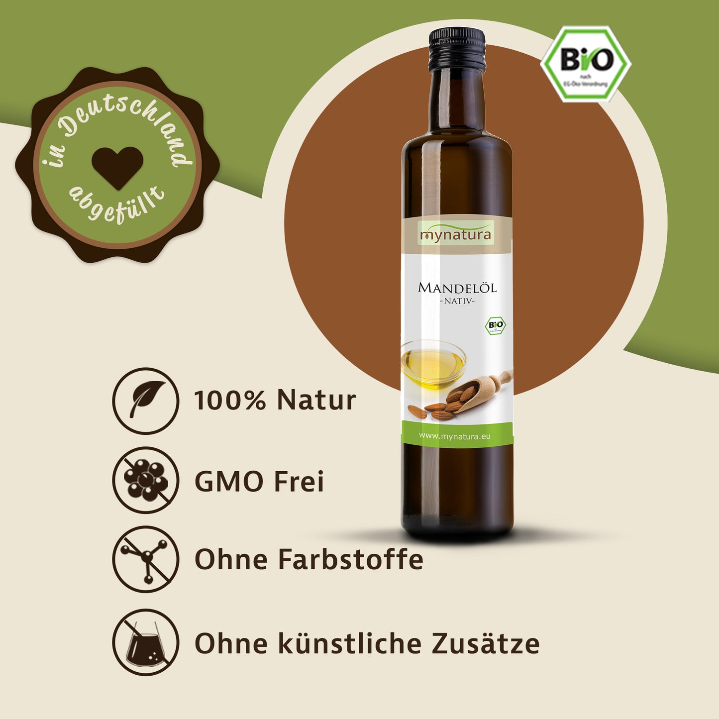 Mandelöl kaltgepresst von Mynatura als Flasche vor grün-braunem Hintergrund mit Bio-Siegel und Icons zu natürlichen Eigenschaften.