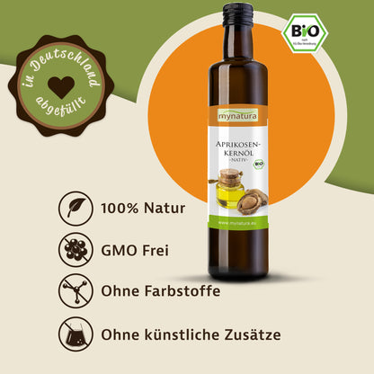 Aprikosenkernöl in 250ml Flasche von mynatura vor grafischem Hintergrund mit Bio-Siegel und Produktmerkmalen.