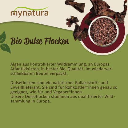 Infografik zu Bio Dulseflocken von Mynatura, zeigt getrocknete atlantik rotalge und einen Beutel als natürliche, vegane ballaststoffquelle.