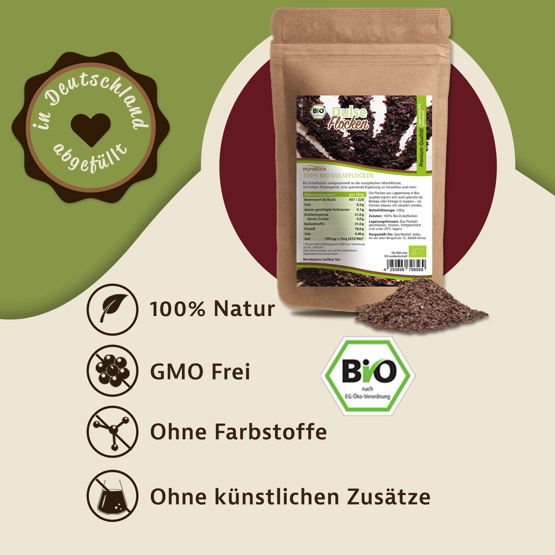 Werbegrafik mit Beutel Mynatura dulseflocken, 100g, als vielseitiges würzmittel, mit Symbolen für 100% natur, ohne Farbstoffe und ohne künstliche Zusätze.