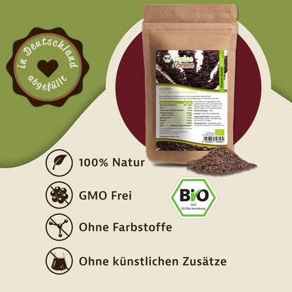 Werbegrafik mit Beutel Mynatura dulseflocken, 100g, als vielseitiges würzmittel, mit Symbolen für 100% natur, ohne Farbstoffe und ohne künstliche Zusätze.