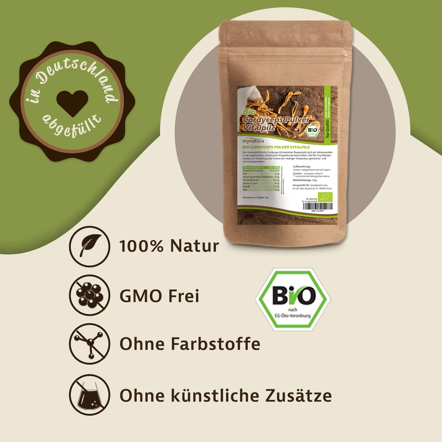 Bio Cordyceps Pilzpulver 200g im Kraftpapierbeutel, daneben Symbole für natürliche Qualität und Hinweise zu vitalpilzen
