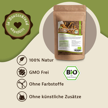 Bio Cordyceps Pilzpulver 200g im Kraftpapierbeutel, daneben Symbole für natürliche Qualität und Hinweise zu vitalpilzen