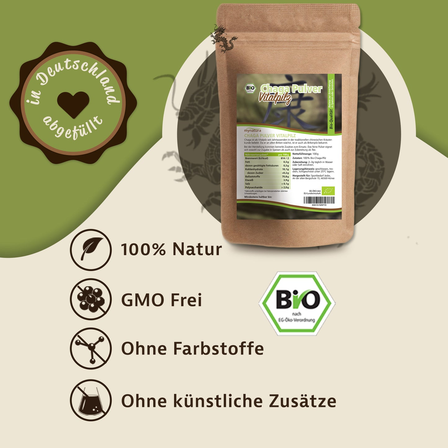 Beutel Bio Chaga Pulver auf grün-beigem Hintergrund, daneben Symbole für natürliche Qualität und Hinweise auf Superfood ohne Zusätze.