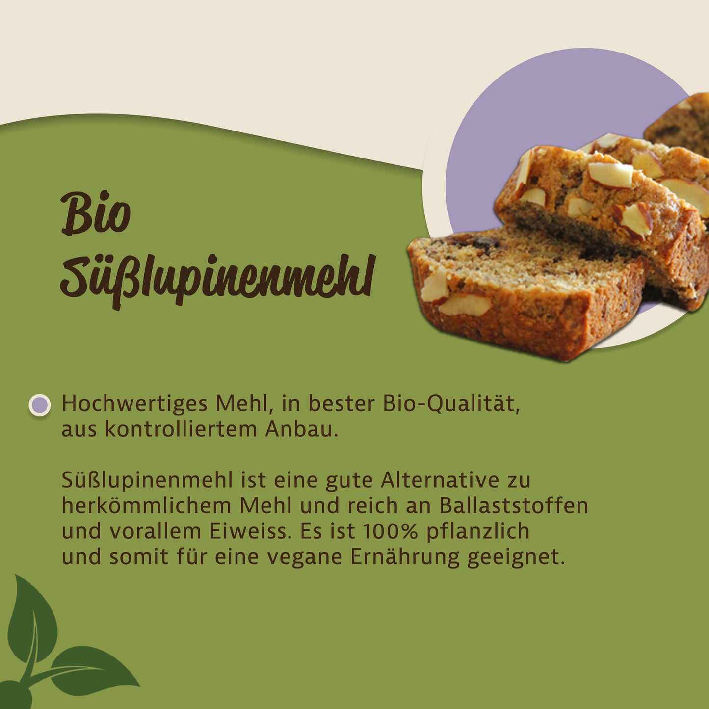 Anschnitt eines Brotes mit Nüssen auf Teller, daneben Text zu süßlupinenmehl als pflanzlichem protein und glutenfreie mehlalternative zum Backen und Kochen.