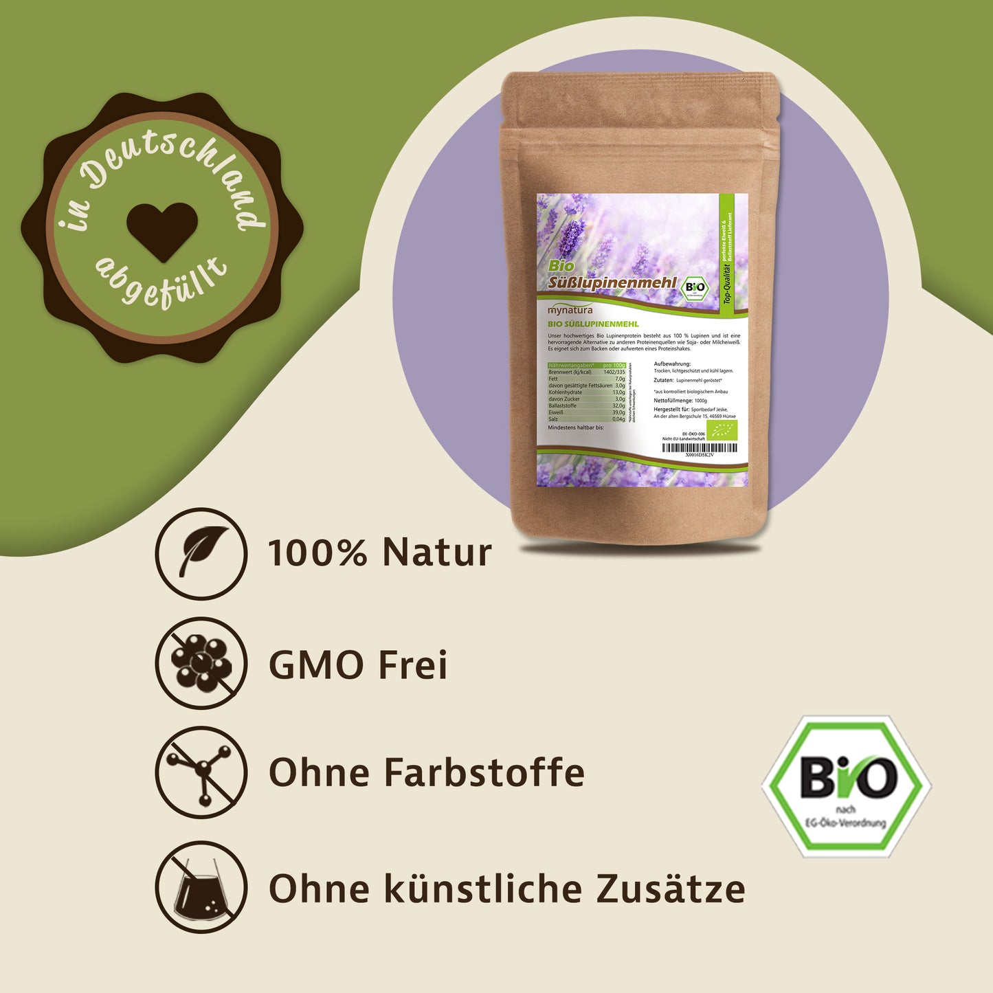 Beutel süßlupinenmehl von Mynatura vor grünem Hintergrund, daneben Symbole für 100% Natur, GMO frei, ohne Farbstoffe und ohne künstliche Zusätze.