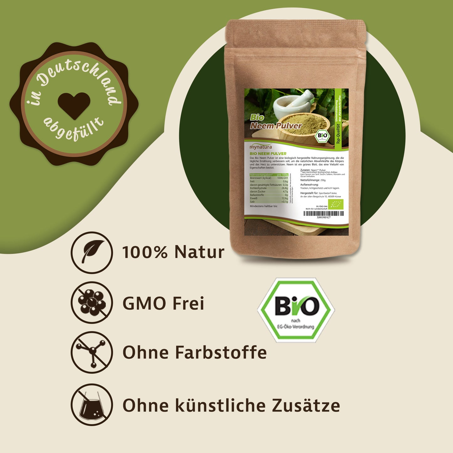 Bio Neem Pulver Beutel von Mynatura auf grünem Hintergrund, daneben Icons für 100% Natur, GMO frei, ohne Farbstoffe und ohne künstliche Zusätze, geeignet für naturkosmetik und superfood.