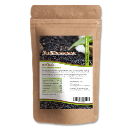 Mynatura Basilikumsamen 500g Beutel stehend vor weißem Hintergrund, Etikett mit Produktinformationen und Nährwerttabelle gut lesbar, keine ausgeschütteten Samen sichtbar.