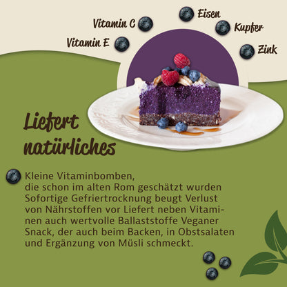Stück Kuchen mit intensiver blueberry-Füllung auf weißem Teller, dekoriert mit frischen früchten wie heidelbeeren und himbeeren