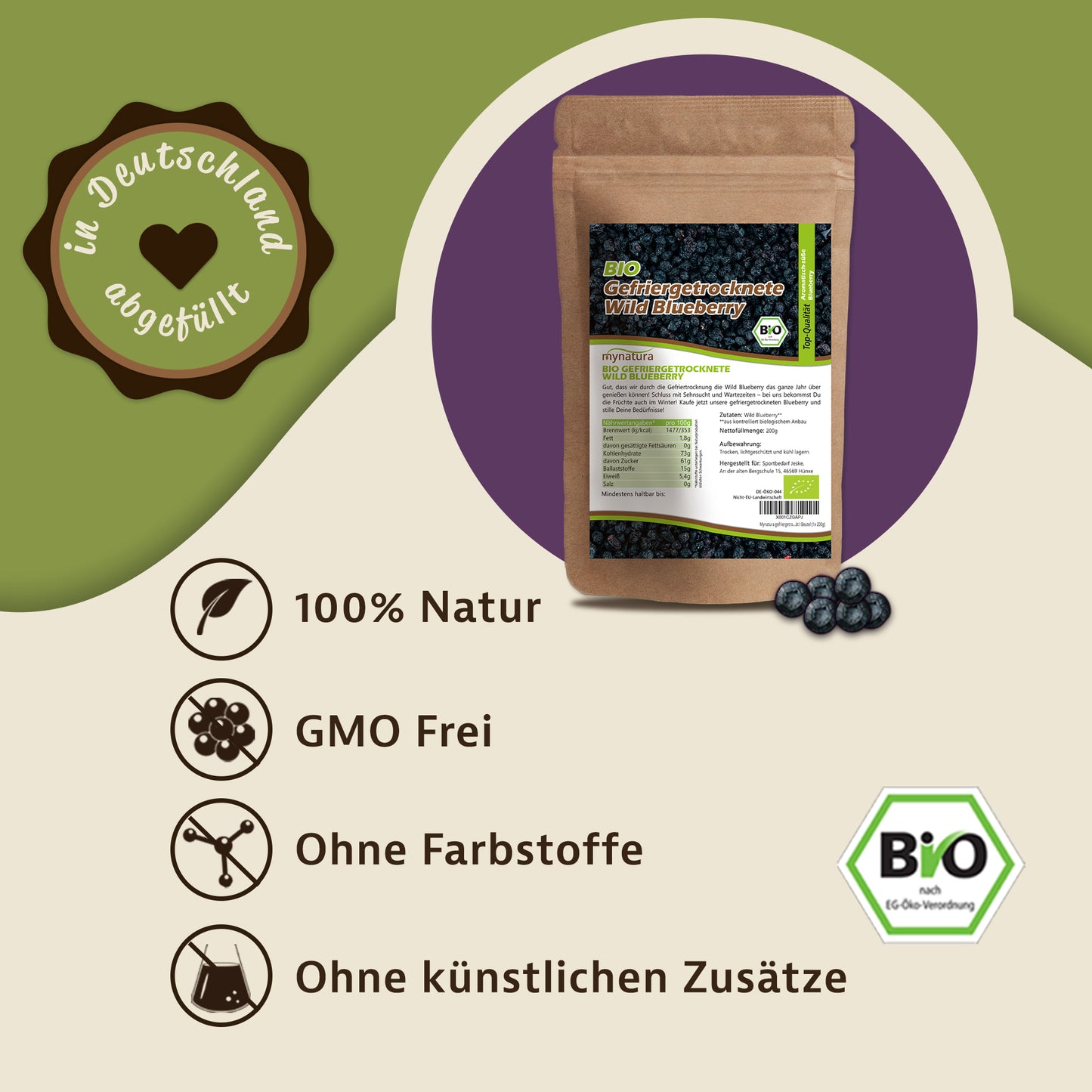 Produktbeutel gefriergetrocknete wildheidelbeeren 200g von Mynatura als Illustration, daneben blueberry und Icons für natürliche zutaten