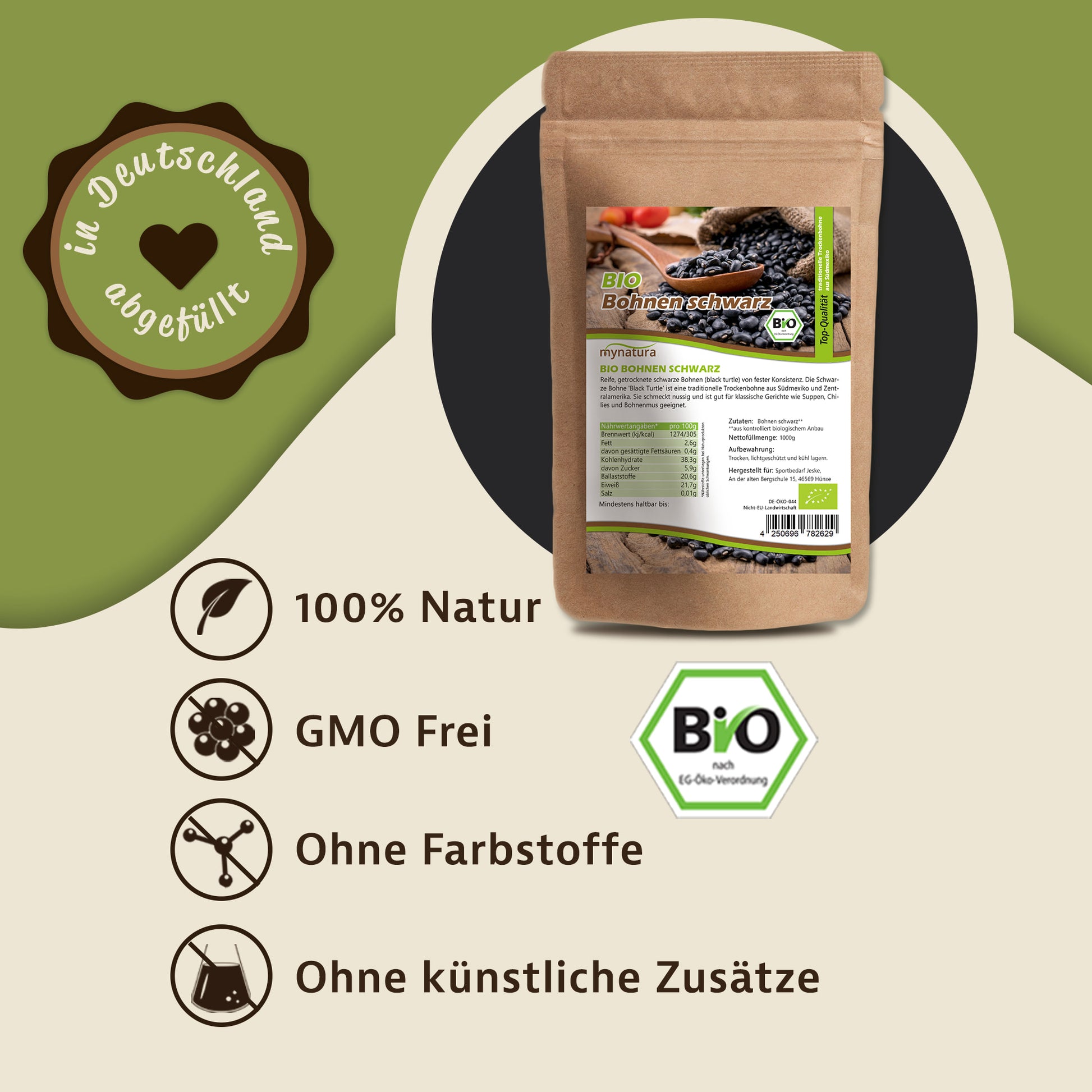 Bio schwarze Bohnen im Kraftpapierbeutel, daneben Symbole für vegan, ohne Farbstoffe und ohne künstliche Zusätze, geeignet zum Kochen und Backen.