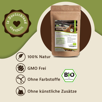 Beutel Johannisbrotkernmehl E410 auf grünem Hintergrund, daneben Icons für 100% natürliches, veganes, glutenfreies Mehl ohne künstliche Zusätze.