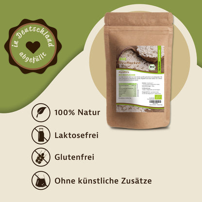 Beutel Mynatura Bio Reisflocken auf grün-beigem Hintergrund, daneben Icons für glutenfreie, laktosefreie und natürliche Zutaten.