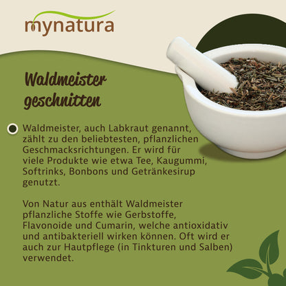 Schale mit getrocknetem waldmeisterkraut und Stößel, daneben Text zu aromatische kräuter und waldmeister qualität.