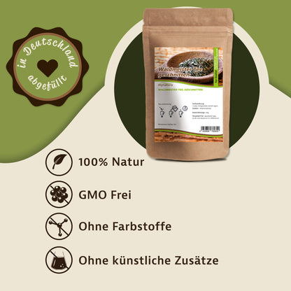Beutel waldmeister getrocknet von Mynatura, 100g, auf grünem Hintergrund mit Hinweisen zu qualität und kräuter.