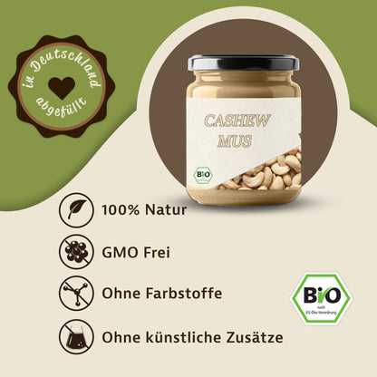 Cashewmus im Glas als Produktabbildung auf grün-beigem Hintergrund, daneben Symbole für natürliche und zusatzfreie Zutaten.