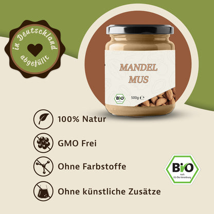 Mandelmus im Glas, 500g, auf einer Grafik mit grüner Fläche, daneben Symbole und Hinweise zu natürlichen Eigenschaften.