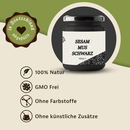 schwarzes sesammus im glas als produktabbildung mit hinweisen zu naturbelassenheit und ohne zusätze