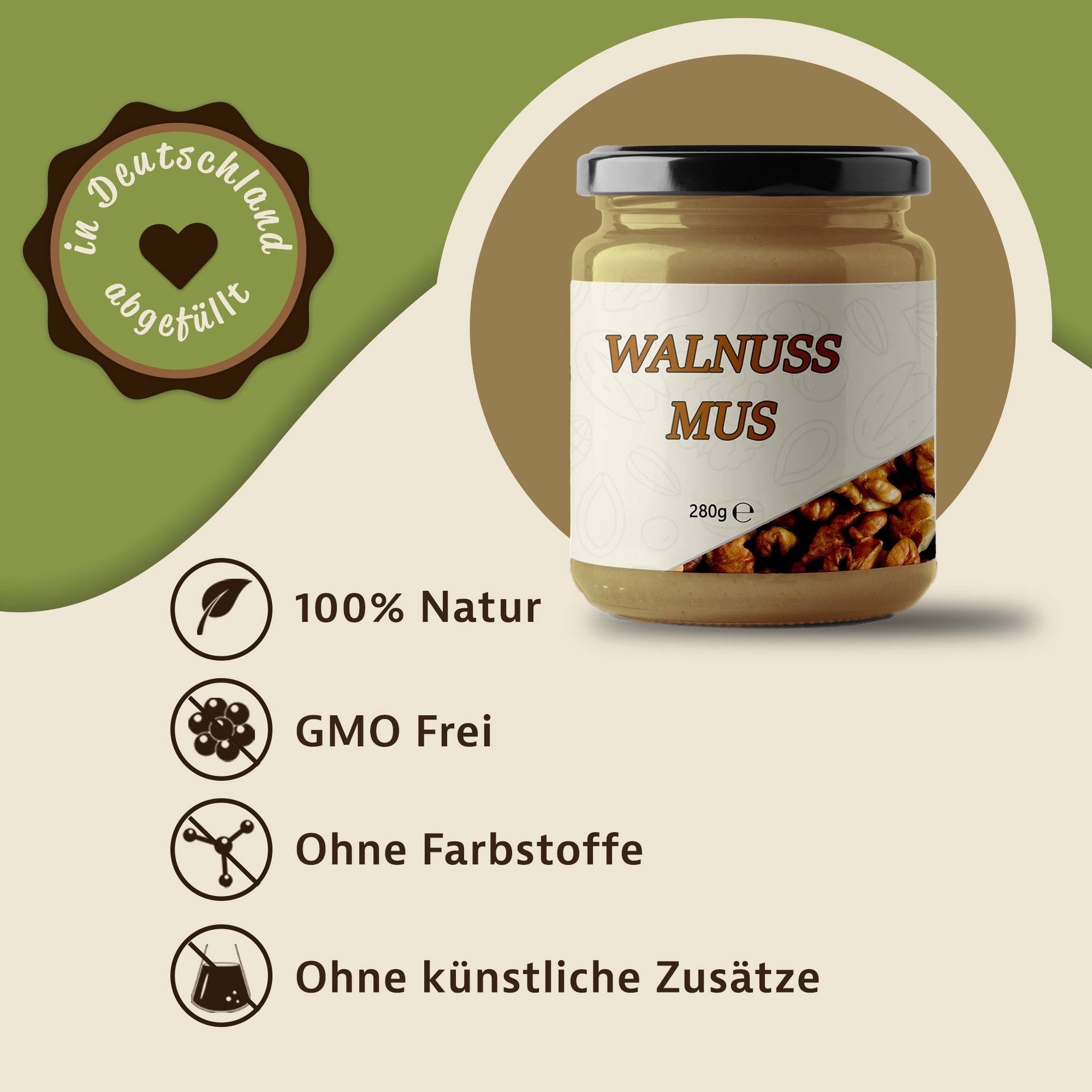 Walnussmus im Glas auf beigem Hintergrund mit grüner Grafik, daneben Hinweise zu natürlichen Eigenschaften und 280g Angabe.