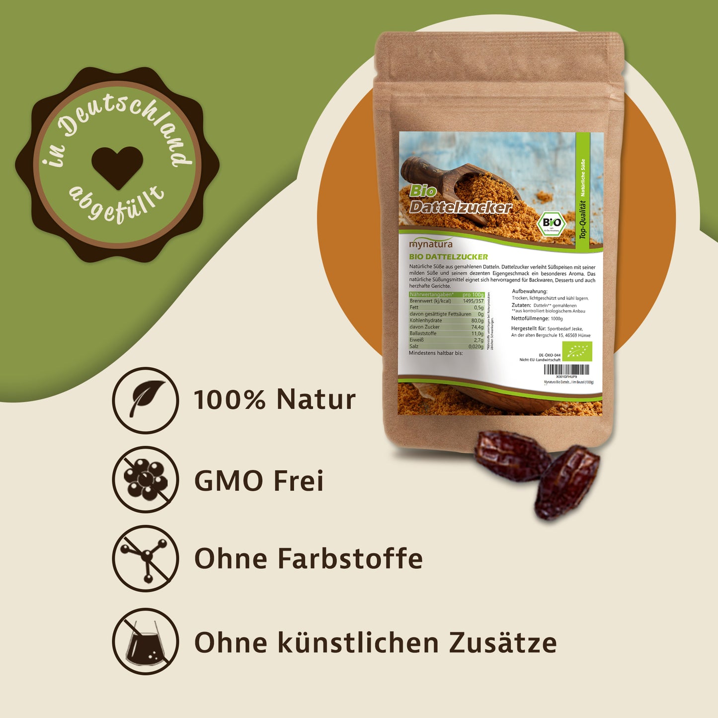 Beutel Bio Dattelzucker von Mynatura auf grünem Hintergrund, daneben Symbole für 100% Natur, GMO frei, ohne Farbstoffe und ohne künstliche Zusätze.