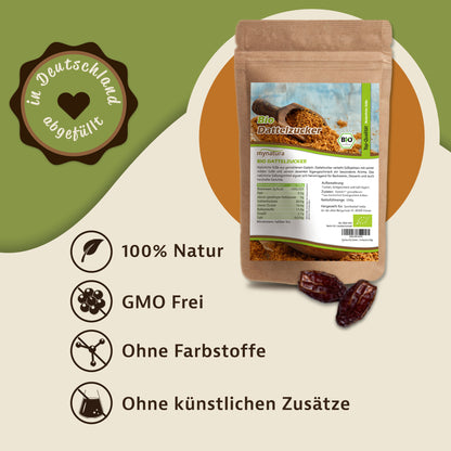 Beutel Bio Dattelzucker von Mynatura auf grünem Hintergrund, daneben Symbole für 100% Natur, GMO frei, ohne Farbstoffe und ohne künstliche Zusätze.
