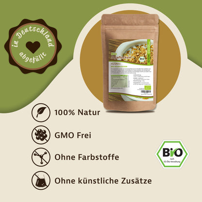 Beutel Bio Sojaflocken von Mynatura mit Etikett, daneben Icons zu Eigenschaften wie GMO-frei und ohne Farbstoffe.