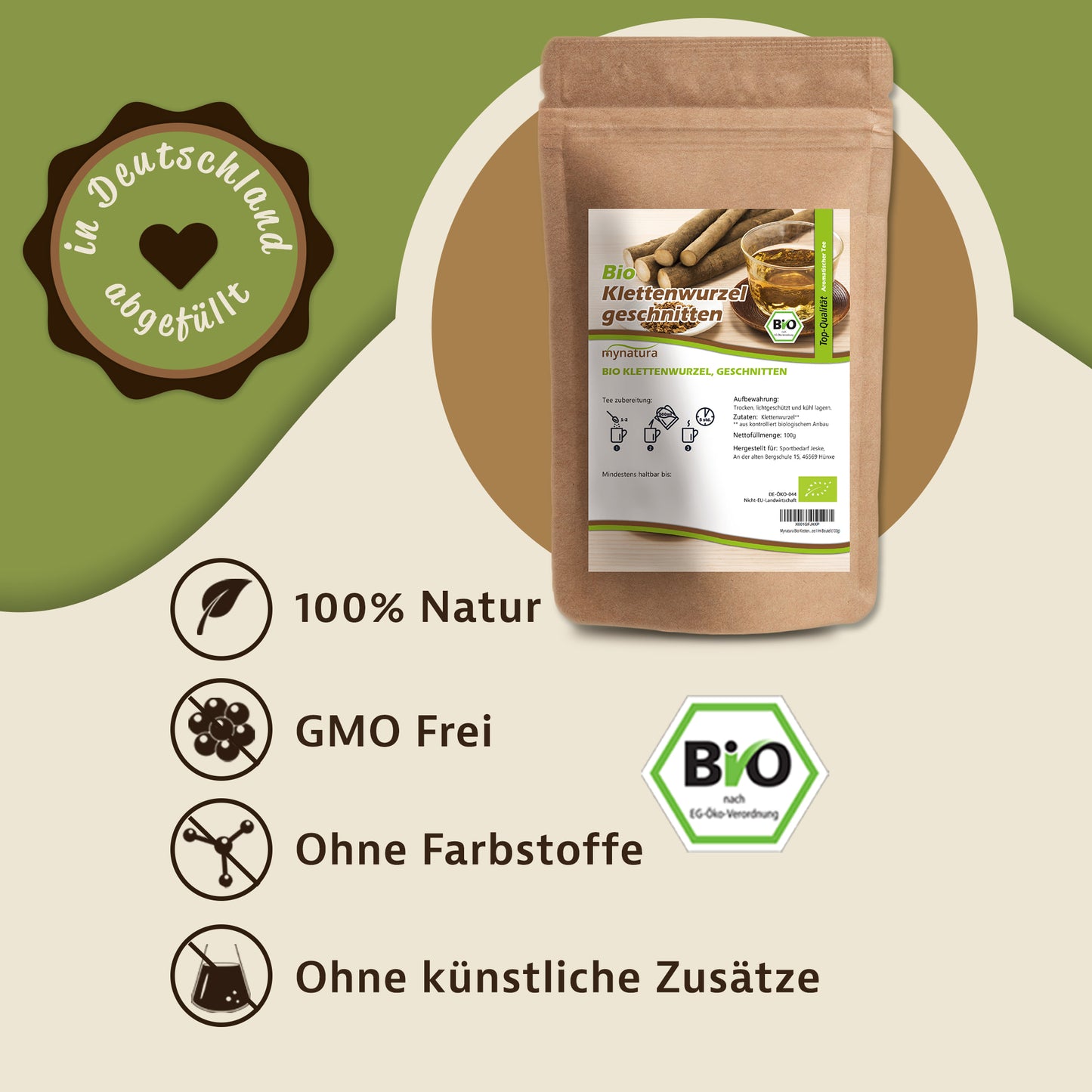 Beutel Klettenwurzel geschnitten 100g vor grünem Hintergrund, daneben Symbole für natürliche Qualität und Bio-Zertifizierung.