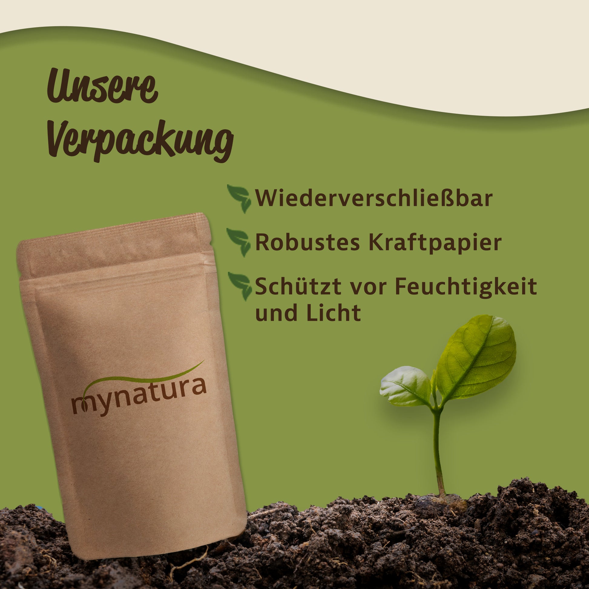 Wiederverschließbarer Kraftpapierbeutel für geschnittene Klettenwurzel, stehend auf Erde mit grünem Keimling.