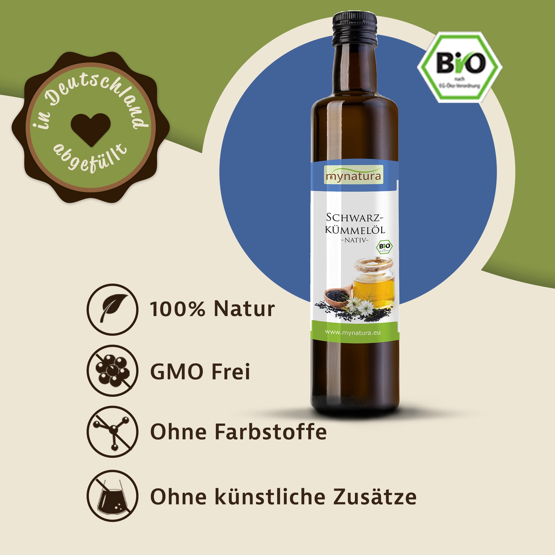 Braune Glasflasche mit Etikett für hochwertiges Schwarzkümmelöl aus Nigella sativa, 500ml, stehend vor grafischem Hintergrund mit Bio-Siegel.