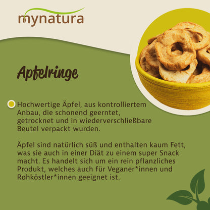 Schale mit getrockneten Apfelringen als veganer Fruchtsnack, oben rechts im Bild, daneben Text zur Herkunft der Apfelringe.