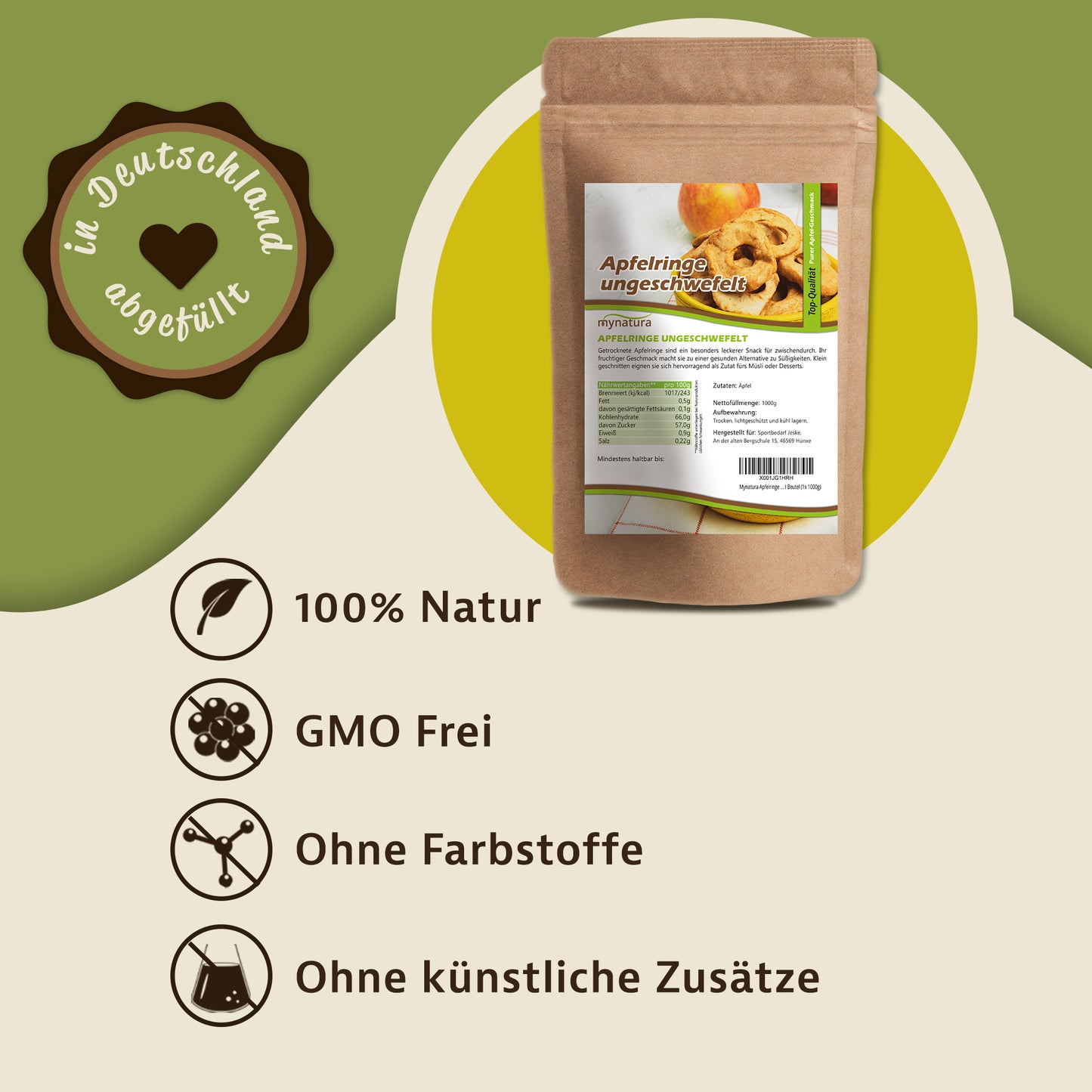 Beutel getrocknete Apfelringe ungeschwefelt von Mynatura, daneben Icons mit Hinweisen auf natürliche Zutaten und ohne künstliche Zusätze.