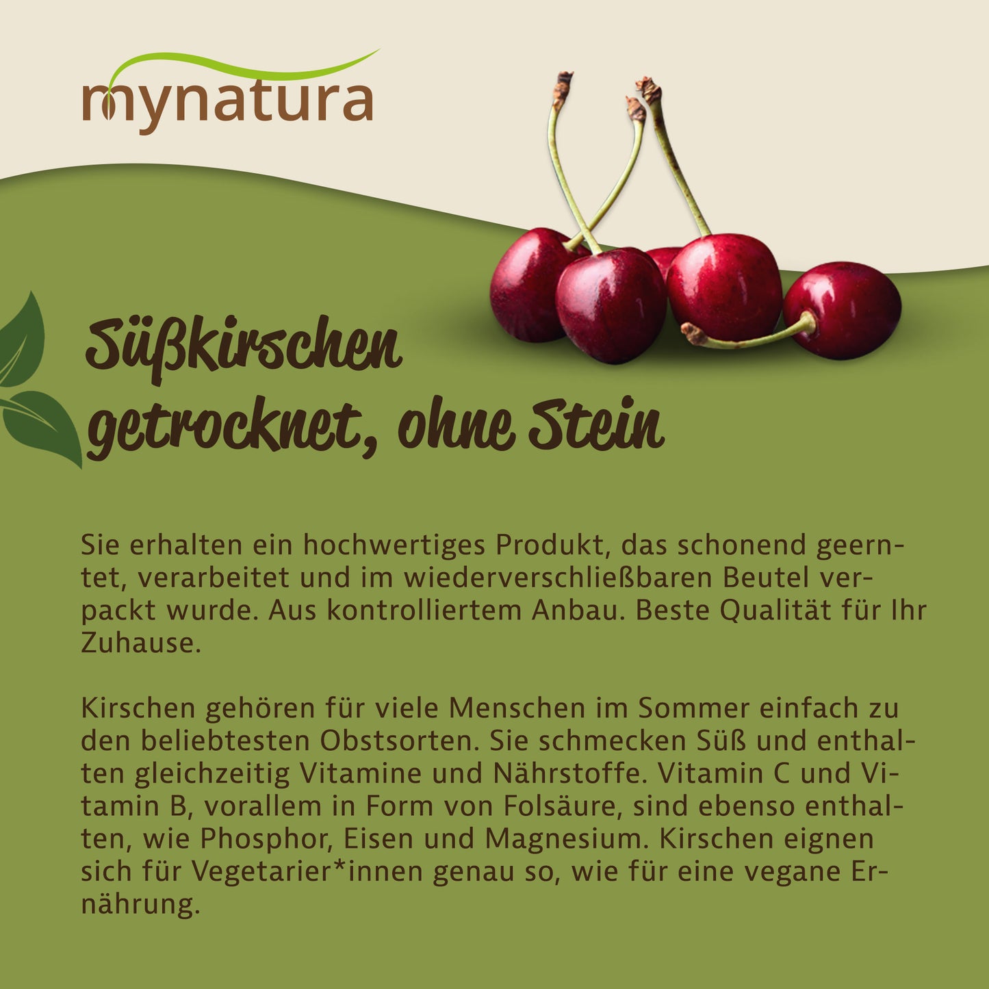 Grafik mit drei frischen Süßkirschen und Text zu getrockneten Früchten ohne Stein, Hintergrund in Grün und Beige, Marke Mynatura oben links.
