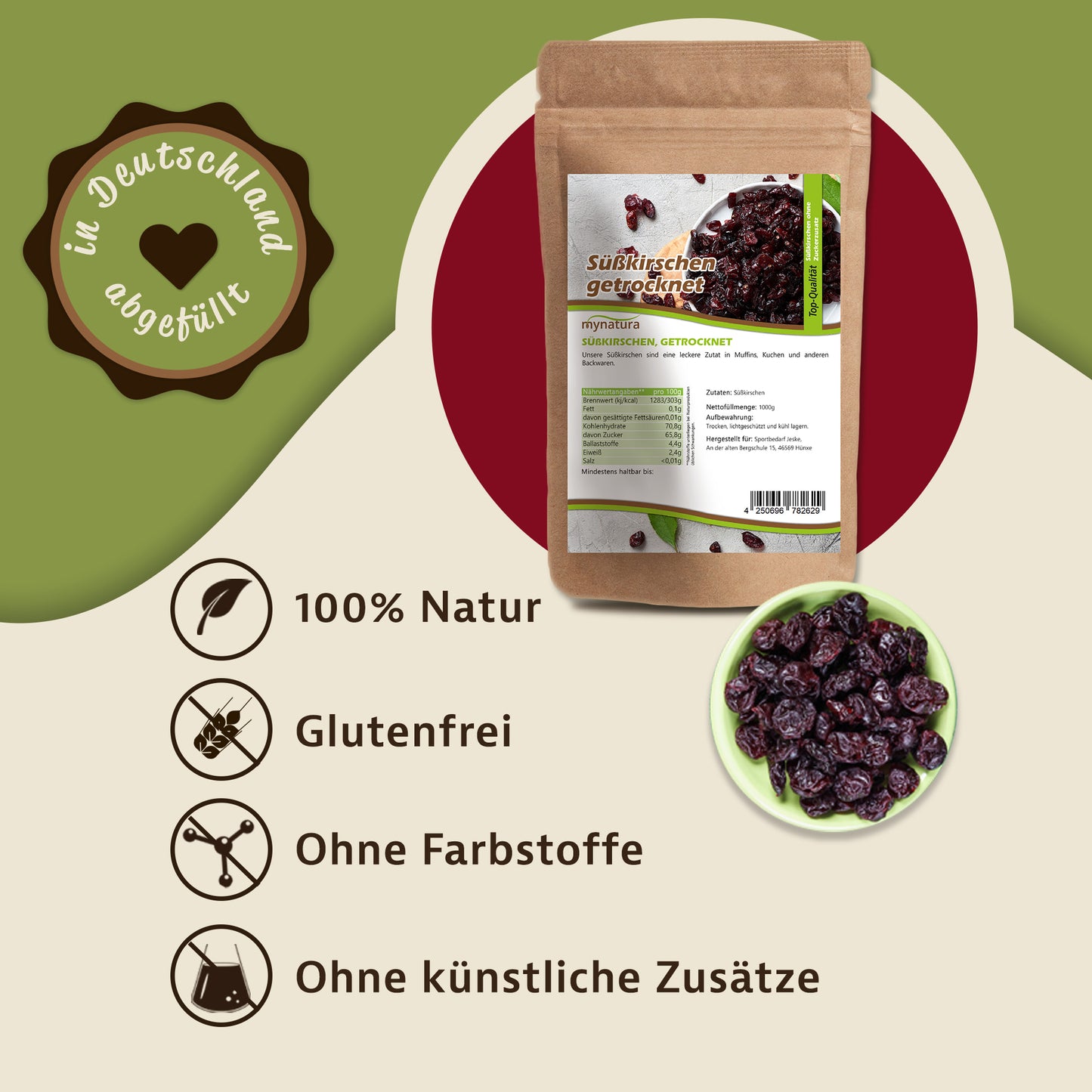Werbegrafik mit Beutel getrocknete Süßkirschen, Schale mit Früchten, Symbolen für 100% Natur, glutenfrei, ohne Farbstoffe und ohne künstliche Zusätze.