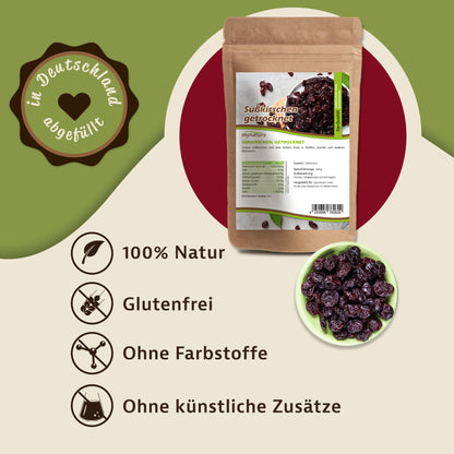 Werbegrafik mit Beutel getrocknete Süßkirschen, Schale mit Früchten, Symbolen für 100% Natur, glutenfrei, ohne Farbstoffe und ohne künstliche Zusätze.