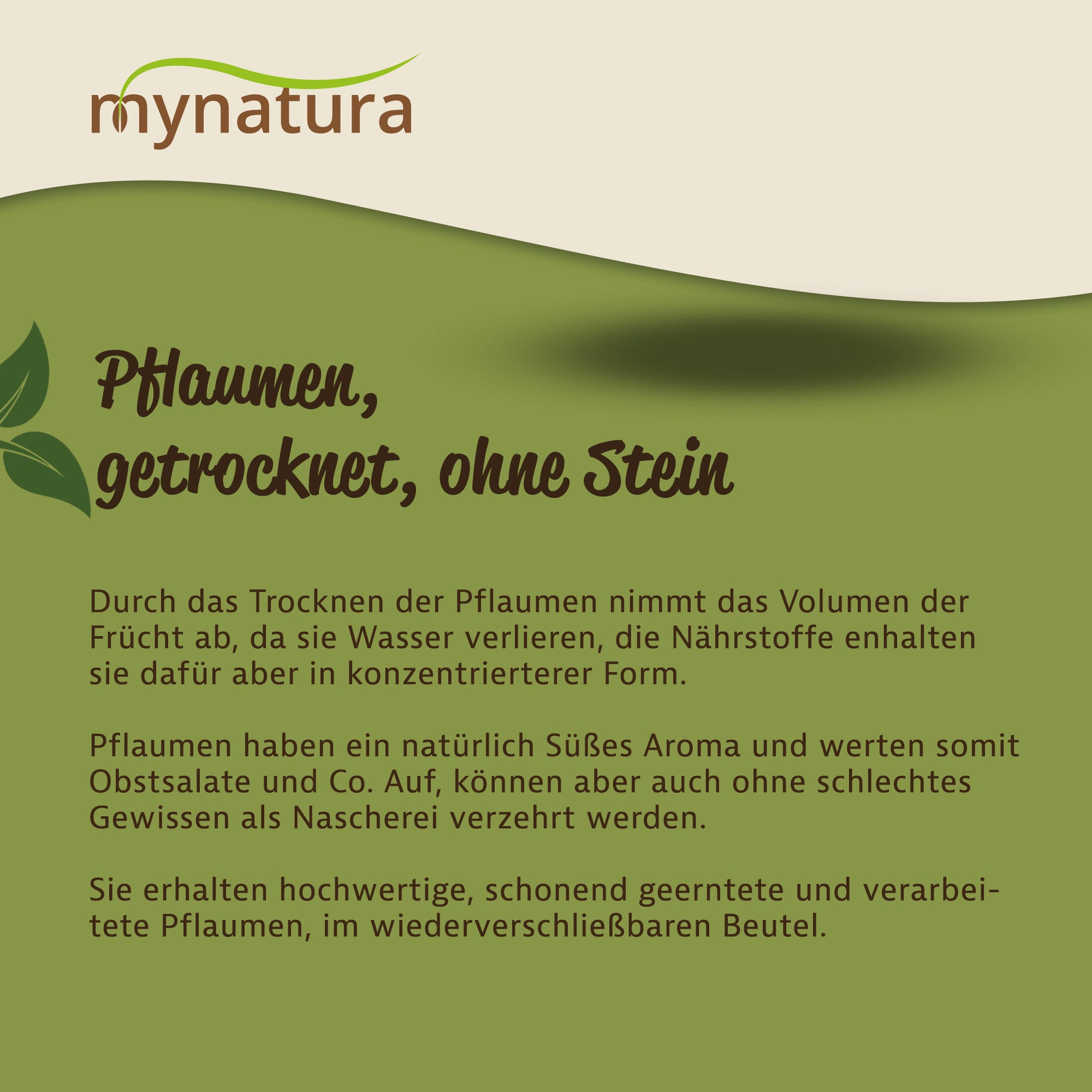 Grafik mit Text über getrocknete Pflaumen ohne Stein und deren natürliche Süße, auf grünem Hintergrund