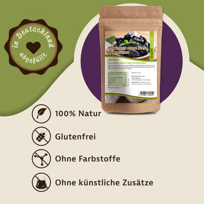 Beutel getrocknete Pflaumen ohne Stein von Mynatura, daneben Symbole für 100% Natur, glutenfrei, ohne Farbstoffe und ohne künstliche Zusätze