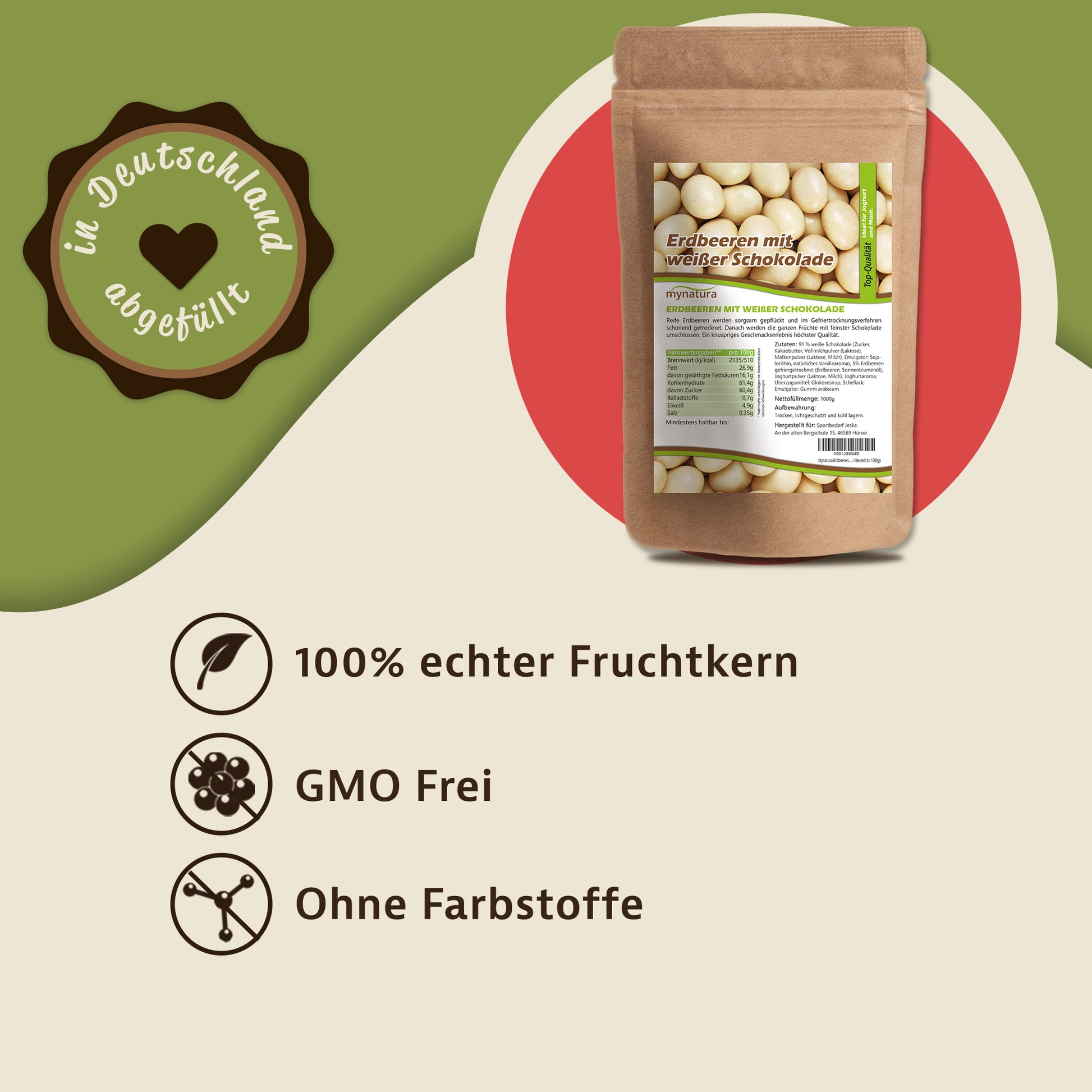 Beutel Mynatura Erdbeeren, gefriergetrocknet, in weißer Schokolade, auf beigem Hintergrund mit Icons zu Superfood und Snacks.